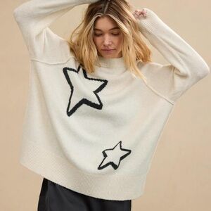 Aerie unREAL Crew Sweater in Cream with Black Star Accents Size XXL
